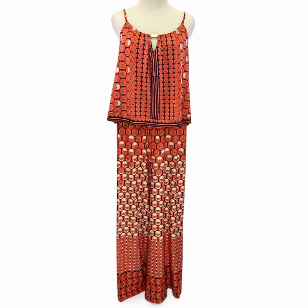 Cato Womens Orange Geometric Print Halter Neck Wide Leg Stretch Jumpsuit Size XL